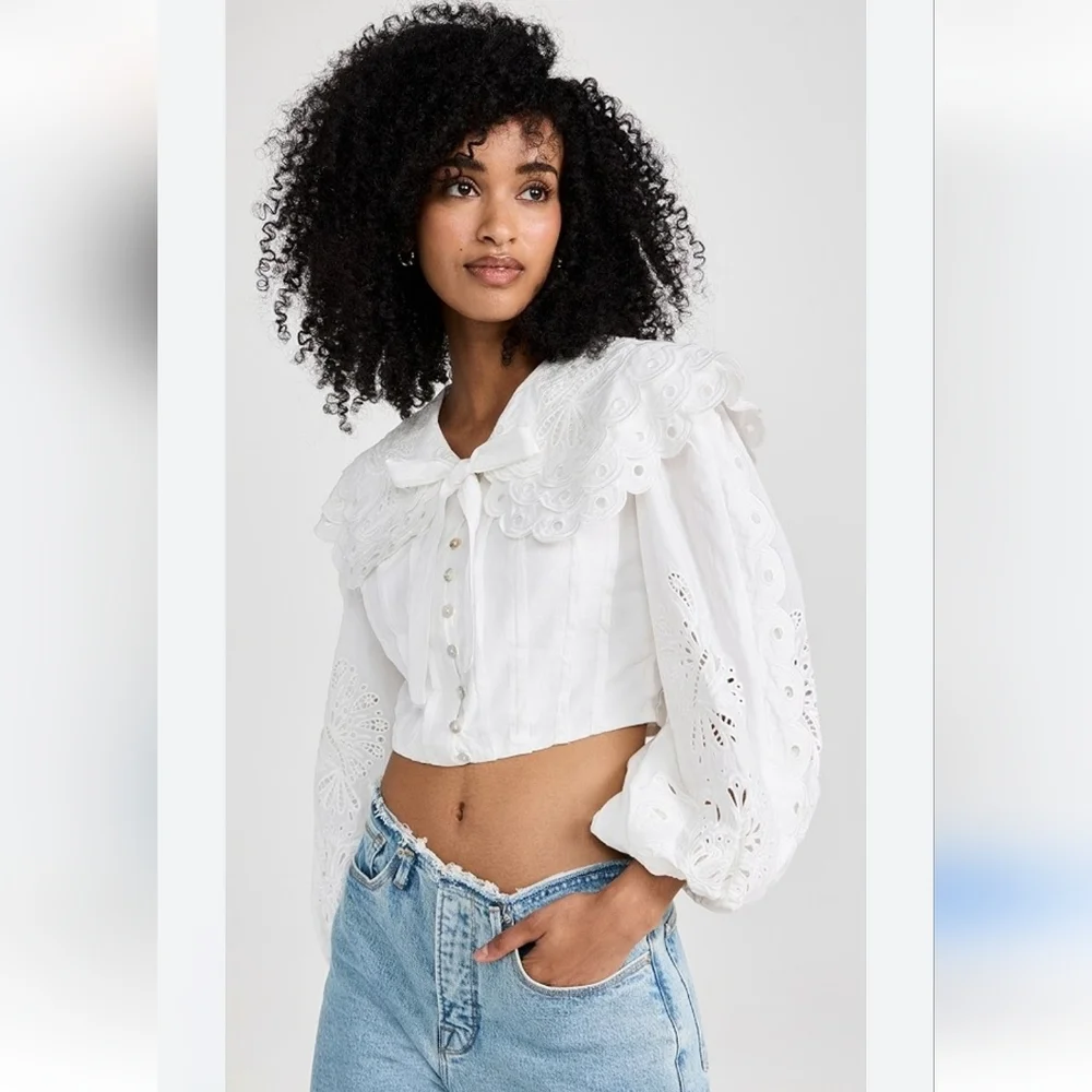 FARM RIO Richelieu Big Collar Off White Battenberg Lace Blouse M RARE SRP $240 - Picture 2 of 16